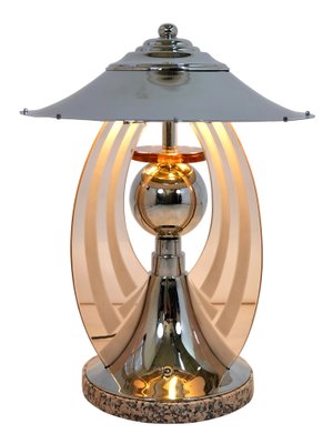 Art Deco FrenchRound Chromed Table Lamp with Rosaline Colored Glass Arches, 1930s-CXC-1750187