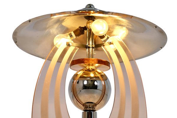 Art Deco FrenchRound Chromed Table Lamp with Rosaline Colored Glass Arches, 1930s-CXC-1750187