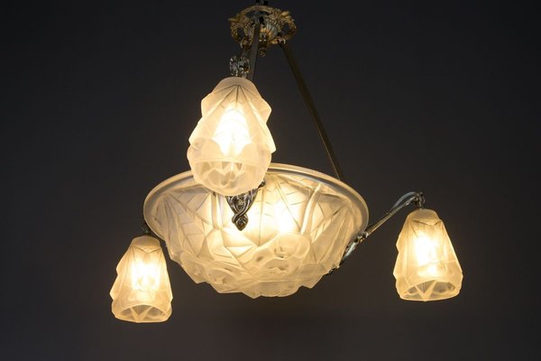 Art Deco Frosted Glass and Bronze Six-Light Chandelier from Verrerie D'Art Degué, 1920s-KEG-784714