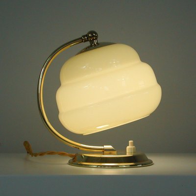 Art Deco German Bauhaus Brass and Opaline Table Lamp, 1930s-OE-1257855