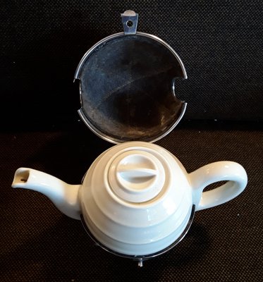 Art Deco German Cream White Porcelain Silver Plated Insulated Metal Coat with Cream White Bakelite Feet Spherical Tea Toan from WMF, 1930s-HOI-1335647