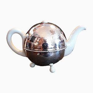 Art Deco German Cream White Porcelain Silver Plated Insulated Metal Coat with Cream White Bakelite Feet Spherical Tea Toan from WMF, 1930s-HOI-1335647