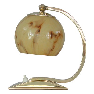 Art Deco German Marbled Opaline Glass & Brass Table Lamp, 1930s-OE-911109