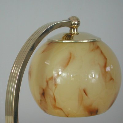 Art Deco German Marbled Opaline Glass & Brass Table Lamp, 1930s-OE-911109