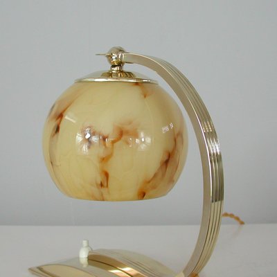 Art Deco German Marbled Opaline Glass & Brass Table Lamp, 1930s-OE-911109