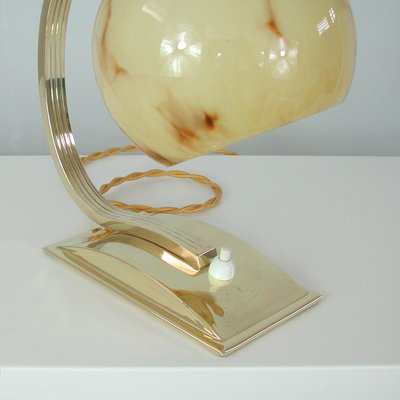 Art Deco German Marbled Opaline Glass & Brass Table Lamp, 1930s-OE-911109