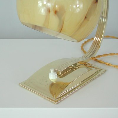 Art Deco German Marbled Opaline Glass & Brass Table Lamp, 1930s-OE-911109