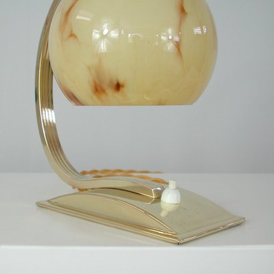 Art Deco German Marbled Opaline Glass & Brass Table Lamp, 1930s-OE-911109