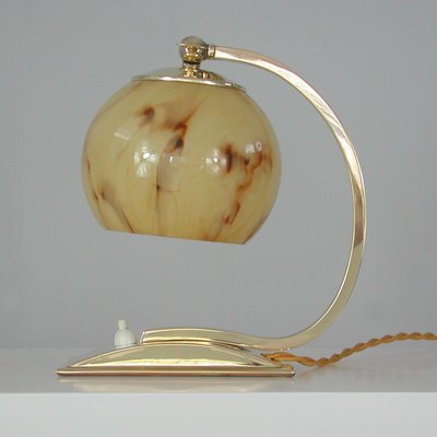 Art Deco German Marbled Opaline Glass & Brass Table Lamp, 1930s-OE-911109