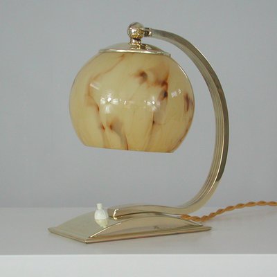 Art Deco German Marbled Opaline Glass & Brass Table Lamp, 1930s-OE-911109