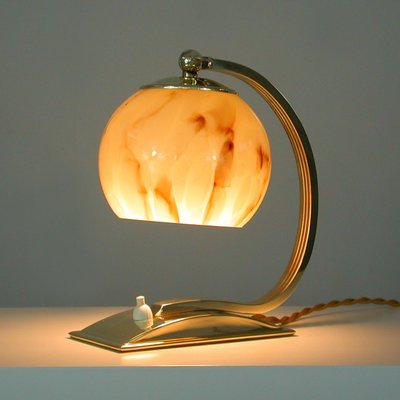 Art Deco German Marbled Opaline Glass & Brass Table Lamp, 1930s-OE-911109