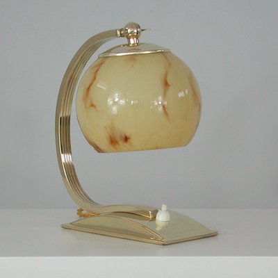 Art Deco German Marbled Opaline Glass & Brass Table Lamp, 1930s-OE-911109