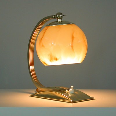 Art Deco German Marbled Opaline Glass & Brass Table Lamp, 1930s-OE-911109