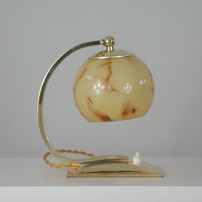 Art Deco German Marbled Opaline Glass & Brass Table Lamp, 1930s-OE-911109