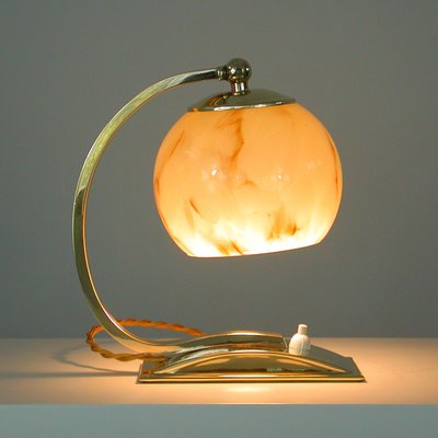 Art Deco German Marbled Opaline Glass & Brass Table Lamp, 1930s-OE-911109