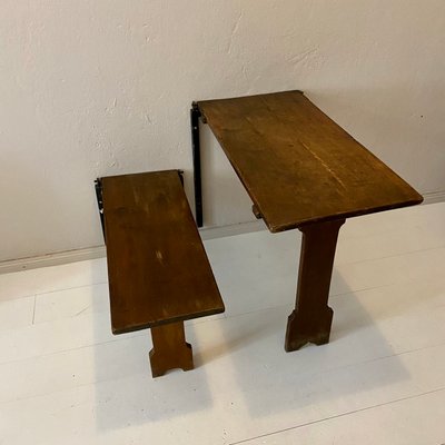 Art Deco German Wabi Sabi Brown Oak Prison Cell Table and Bench, 1930s, Set of 3-FB-1073133