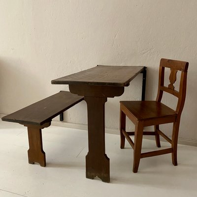 Art Deco German Wabi Sabi Brown Oak Prison Cell Table and Bench, 1930s, Set of 3-FB-1073133