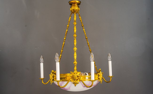 Art Deco Gilded Chandelier with Original Glass Shade, 1920s-SPD-1150953