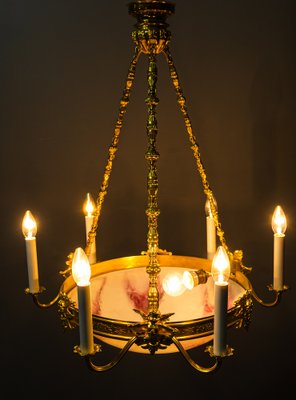 Art Deco Gilded Chandelier with Original Glass Shade, 1920s-SPD-1150953