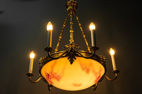 Art Deco Gilded Chandelier with Original Glass Shade, 1920s-SPD-1150953