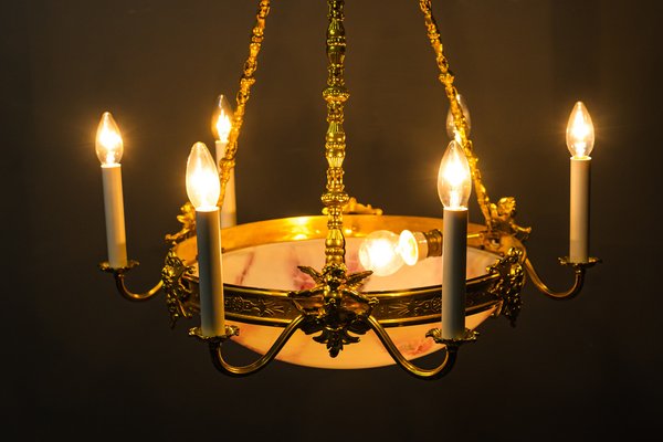 Art Deco Gilded Chandelier with Original Glass Shade, 1920s-SPD-1150953