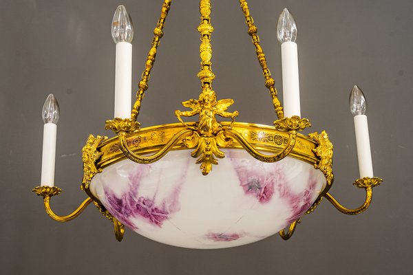 Art Deco Gilded Chandelier with Original Glass Shade, 1920s-SPD-1150953