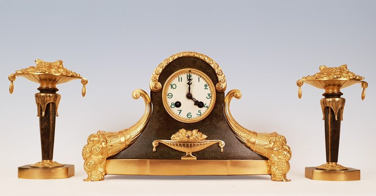 Art Deco Gilt Bronze Mantle Clock Set, 1920s, Set of 3-AWH-579182