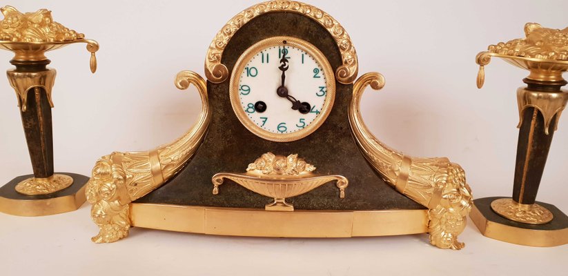 Art Deco Gilt Bronze Mantle Clock Set, 1920s, Set of 3-AWH-579182