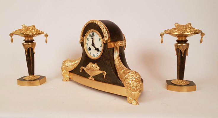 Art Deco Gilt Bronze Mantle Clock Set, 1920s, Set of 3-AWH-579182