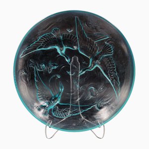 Art Deco Glass Bowl in a Aquablue Colour Representing Water Scene with Wild Geese, Waves and Fishes from Verlys, France, 1930s-SAK-1785212