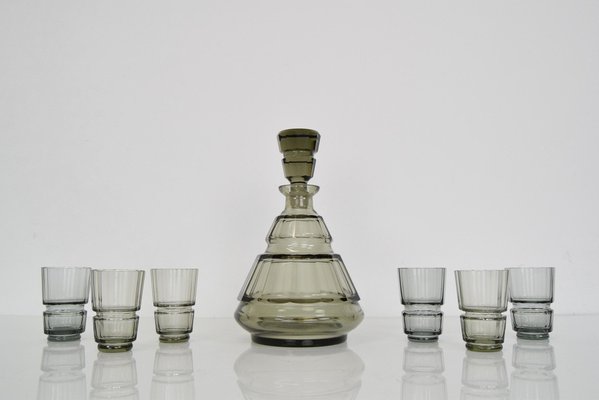 Art Deco Glass Carafe with Glasses, Bohemia, 1930s, Set of 7-TZ-1454066