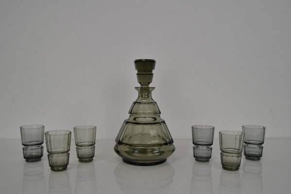 Art Deco Glass Carafe with Glasses, Bohemia, 1930s, Set of 7-TZ-1454066