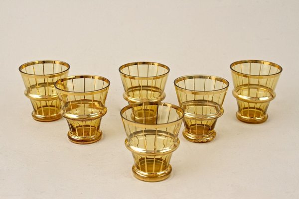 Art Deco Glass Decanter Set in Amber Colored Gilt, 1920, Set of 7-TQA-1327460