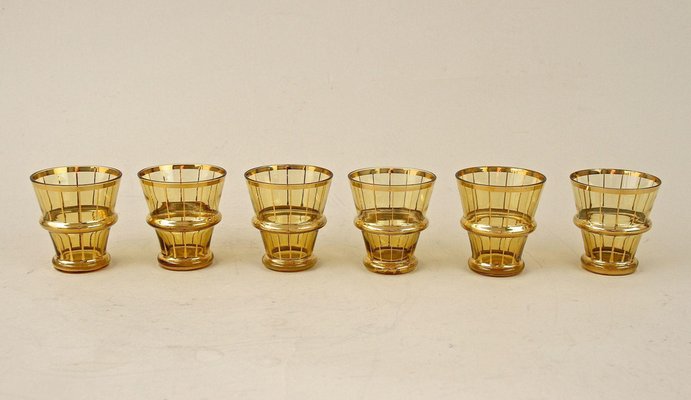 Art Deco Glass Decanter Set in Amber Colored Gilt, 1920, Set of 7-TQA-1327460