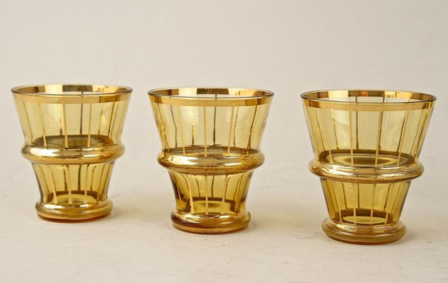 Art Deco Glass Decanter Set in Amber Colored Gilt, 1920, Set of 7-TQA-1327460