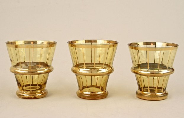 Art Deco Glass Decanter Set in Amber Colored Gilt, 1920, Set of 7-TQA-1327460