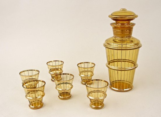 Art Deco Glass Decanter Set in Amber Colored Gilt, 1920, Set of 7-TQA-1327460