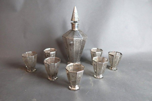 Art Deco Glasses and Carafe in Glass and Silver, Set of 8-WSV-1338642