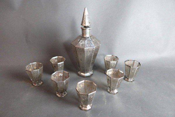 Art Deco Glasses and Carafe in Glass and Silver, Set of 8-WSV-1338642