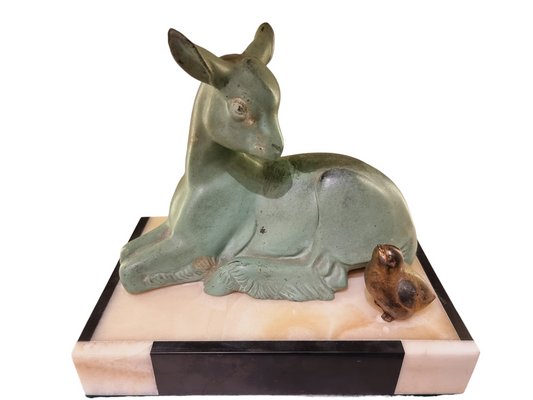 Art Deco Goat with Bird in a Pastoral Scene in Spelter on Marble after Irénée Rochard, 1920-1930s-SAK-1811307