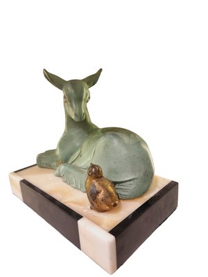 Art Deco Goat with Bird in a Pastoral Scene in Spelter on Marble after Irénée Rochard, 1920-1930s-SAK-1811307