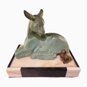 Art Deco Goat with Bird in a Pastoral Scene in Spelter on Marble after Irénée Rochard, 1920-1930s-SAK-1811307