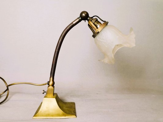 Art Deco Goose Neck Table Lamp in Brass and Frosted Glass from General Electric, 1930s-SCS-1450088