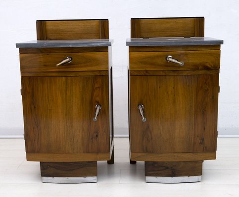 Art Deco Gray Marble Graphite and Walnut Nightstands, 1920s, Set of 2-FER-903681