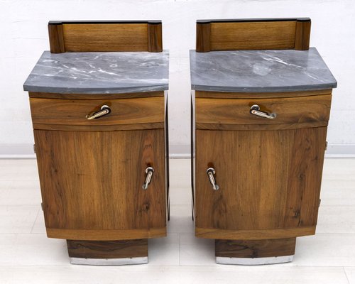 Art Deco Gray Marble Graphite and Walnut Nightstands, 1920s, Set of 2-FER-903681