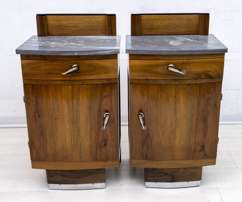 Art Deco Gray Marble Graphite and Walnut Nightstands, 1920s, Set of 2-FER-903681