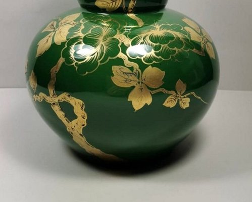 Art Deco Green Enameled Terracotta Vase with Pure Gold Decorations from Sainte-Radegonde,-QRS-767649