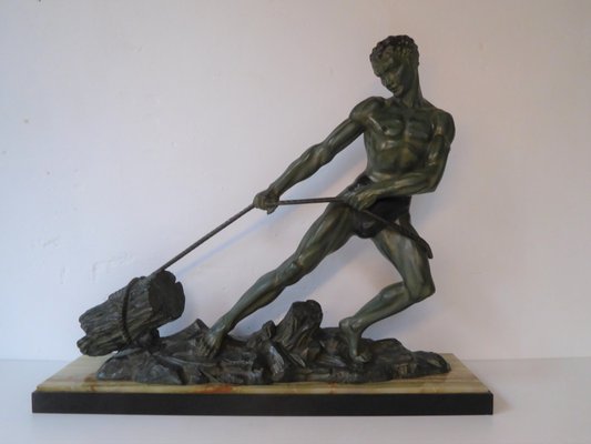 Art Deco Green Patinated Metal and Marble Sculpture of Man Pulling Stone from Ucra, France-AWL-1139129