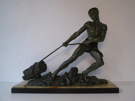 Art Deco Green Patinated Metal and Marble Sculpture of Man Pulling Stone from Ucra, France-AWL-1139129