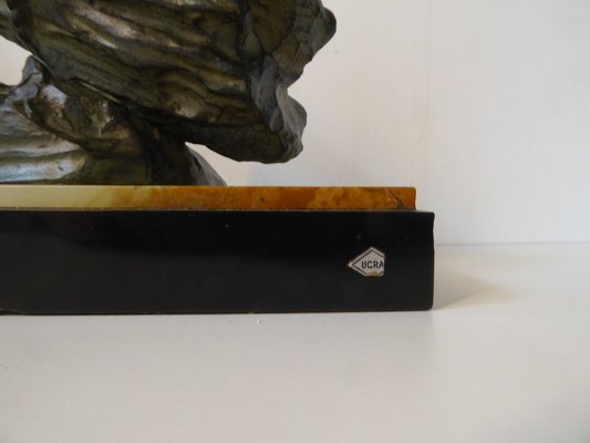 Art Deco Green Patinated Metal and Marble Sculpture of Man Pulling Stone from Ucra, France-AWL-1139129